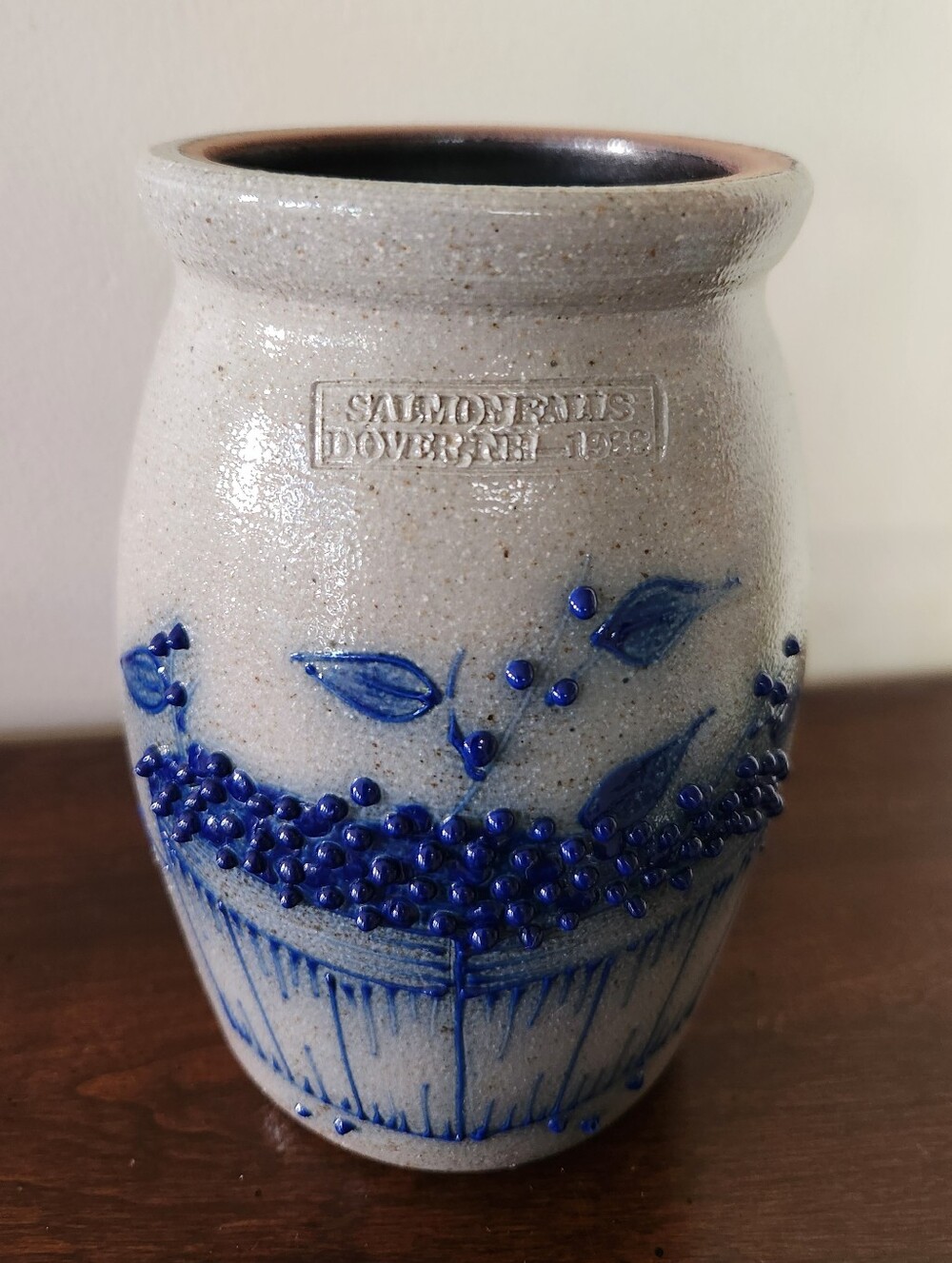 Vintage Salmon Falls 7" Stoneware Pottery Crock Vase 1988 Dover NH Cobalt Blue
